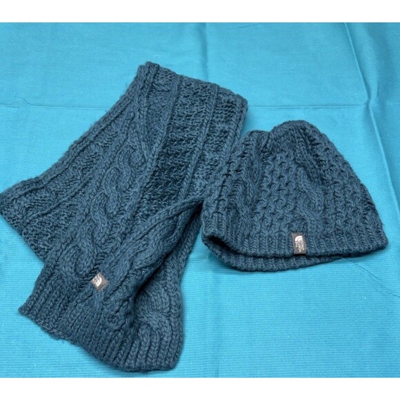 The North Face Cable Knit Beanie & Scarf Set Teal / Slate Blue Alpaca Wool main image 4
